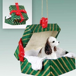 Brown & White Cocker Spaniel Dog in Green Gift Box Christmas Ornament – Hand-Painted Stone Resin