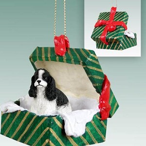 Black & White Cocker Spaniel Dog in Green Gift Box Christmas Ornament – Hand-Painted Stone Resin