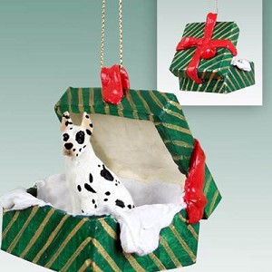 Harlequin Great Dane Dog in Green Gift Box Christmas Ornament – Hand-Painted Stone Resin