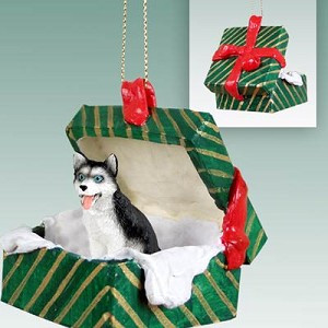 Black & White Blue Eyes Husky Dog in Green Gift Box Christmas Ornament – Hand-Painted Stone Resin