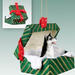 Black & White Brown Eyes Husky Dog in Green Gift Box Christmas Ornament – Hand-Painted Stone Resin