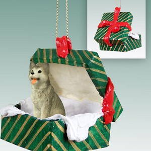 Gray & White Brown Eyes Husky Dog in Green Gift Box Christmas Ornament – Hand-Painted Stone Resin