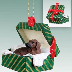 Red Dachshund Dog in Green Gift Box Christmas Ornament – Hand-Painted Stone Resin