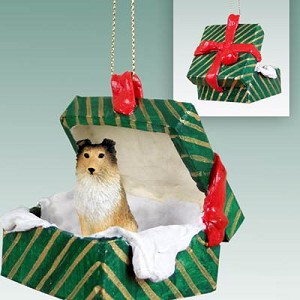Sable Sheltie Dog in Green Gift Box Christmas Ornament – Hand-Painted Stone Resin