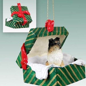 Tricolor Sheltie Dog in Green Gift Box Christmas Ornament – Hand-Painted Stone Resin