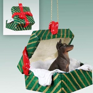 Red Doberman Pinscher Dog in Green Gift Box Christmas Ornament – Hand-Painted Stone Resin
