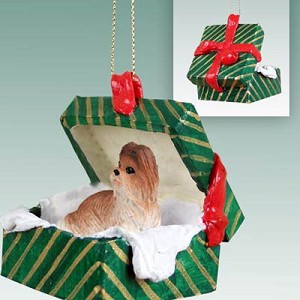 Tan Shih Tzu Dog in Green Gift Box Christmas Ornament – Hand-Painted Stone Resin