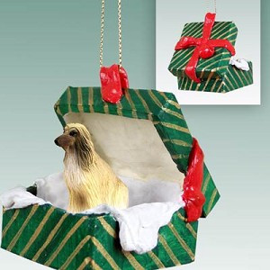 Tan & White Afghan Hound Dog in Green Gift Box Christmas Ornament – Hand-Painted Stone Resin