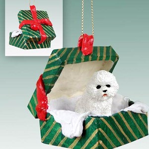 Gift Box Green Bichon Frise Dog in Green Gift Box Christmas Ornament – Hand-Painted Stone Resin