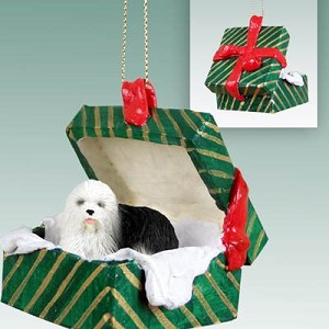 Green Old English Sheepdog in Green Gift Box Christmas Ornament – Hand-Painted Stone Resin