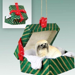 Green Pekingese Dog in Green Gift Box Christmas Ornament – Hand-Painted Stone Resin