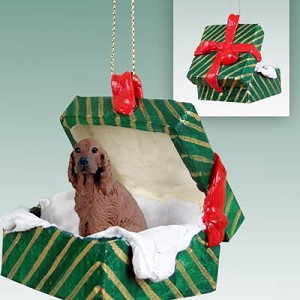 Gift Box Green Irish Setter Dog in Green Gift Box Christmas Ornament – Hand-Painted Stone Resin