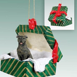 Brindle Staffordshire Bull Terrier Dog in Green Gift Box Christmas Ornament