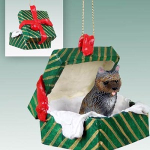 Brindle Cairn Terrier Dog in Green Gift Box Christmas Ornament – Hand-Painted Stone Resin