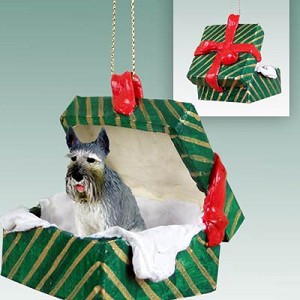 Gray Giant Schnauzer Dog in Green Gift Box Christmas Ornament – Hand-Painted Stone Resin