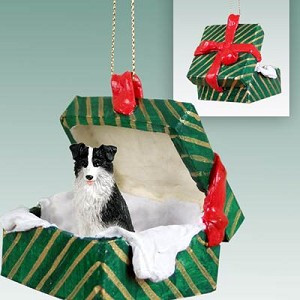 Green Border Collie Dog in Green Gift Box Christmas Ornament – Hand-Painted Stone Resin