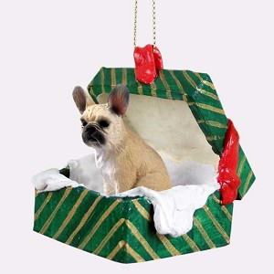 Fawn French Bulldog in Green Gift Box Christmas Ornament – Hand-Painted Stone Resin