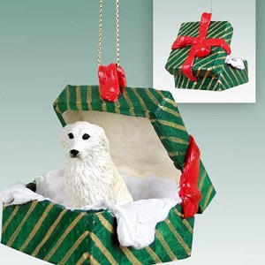 Green Gift Box Great Pyrenees Dog in Green Gift Box Christmas Ornament – Hand-Painted Stone Resin