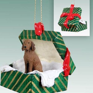 Vizsla Dog in Green Gift Box Christmas Ornament – Hand-Painted Stone Resin