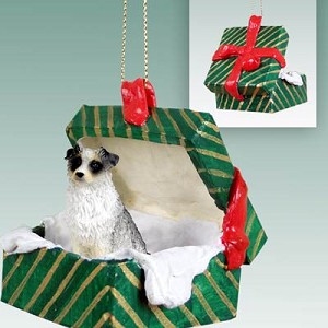 Blue Australian Shepherd Dog in Green Gift Box Christmas Ornament – Hand-Painted Stone Resin