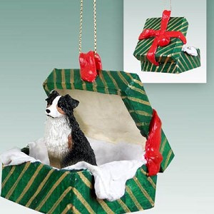 Tricolor Australian Shepherd Dog in Green Gift Box Christmas Ornament – Hand-Painted Stone Resin