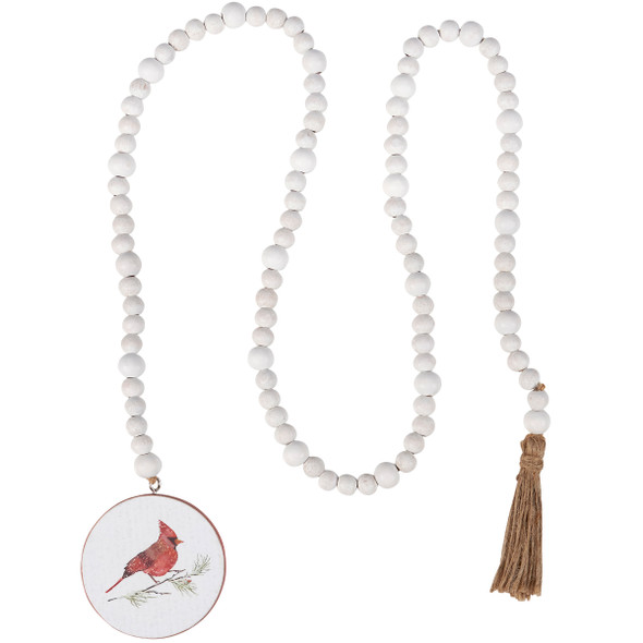 Wooden White Beaded Decorative Garland With Red Cardinal Medallion & Tassel - 42 Inch from Primitives by Kathy