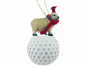 White Sheep on Golf Ball Christmas Ornament – Hand-Painted Stone Resin