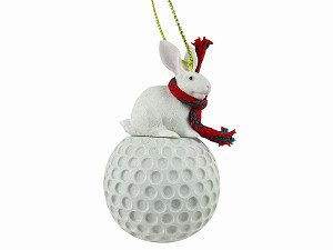 White Rabbit on Golf Ball Christmas Ornament – Hand-Painted Stone Resin