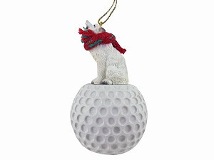 White Wolf on Golf Ball Christmas Ornament – Hand-Painted Stone Resin