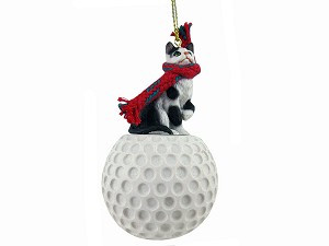 Black & White Shorthaired Tabby Cat on Golf Ball Christmas Ornament – Hand-Painted Stone Resin