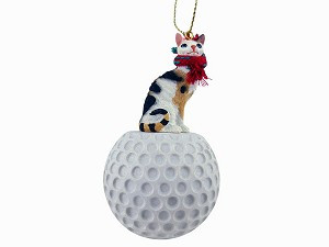 Tortoise & White Cornish Rex Cat on Golf Ball Christmas Ornament – Hand-Painted Stone Resin