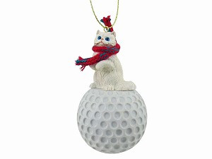 White Persian Cat on Golf Ball Christmas Ornament – Hand-Painted Stone Resin