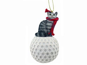Silver Tabby Maine Coon Cat on Golf Ball Hanging Ornament – Hand-Painted Stone Resin