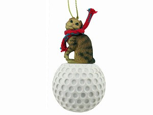 Brown Tabby Scottish Fold Cat on Golf Ball Christmas Ornament – Hand-Painted Stone Resin