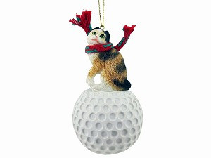 Tortoise & White Scottish Fold Cat on Golf Ball Christmas Ornament – Hand-Painted Stone Resin