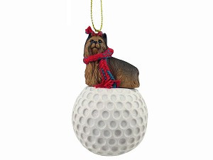 Yorkshire Terrier Dog on Golf Ball Christmas Ornament – Hand-Painted Stone Resin