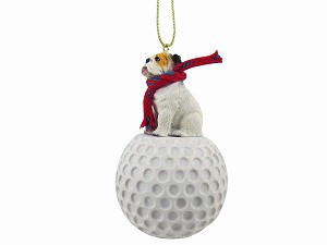 White Bulldog on Golf Ball Christmas Ornament – Hand-Painted Stone Resin