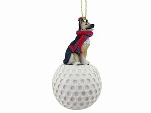Tan Black German Shepherd Dog on Golf Ball Christmas Ornament – Hand-Painted Stone Resin