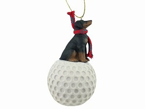 Black Uncropped Ears Doberman Pinscher Dog on Golf Ball Christmas Ornament