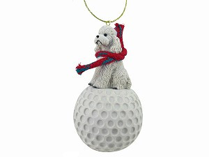 White Sport Cut Poodle Dog on Golf Ball Christmas Ornament – Hand-Painted Stone Resin