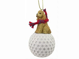 Apricot Sport Cut Poodle Dog on Golf Ball Christmas Ornament – Hand-Painted Stone Resin