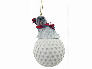 Gray Lhasa Apso Dog on Golf Ball Christmas Ornament – Hand-Painted Stone Resin