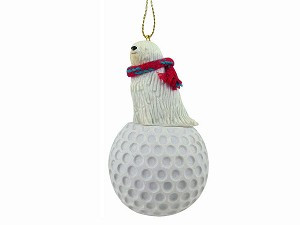 Komondor Dog on Golf Ball Christmas Ornament – Hand-Painted Stone Resin