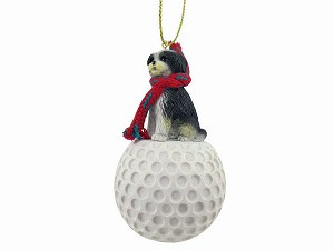 Black & White Sport Cut Shih Tzu Dog on Golf Ball Christmas Ornament – Hand-Painted Stone Resin