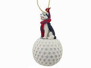 Black & White Blue Eyes Husky Dog on Golf Ball Christmas Ornament – Hand-Painted Stone Resin