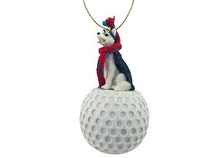 Black & White Brown Eyes Husky Dog on Golf Ball Christmas Ornament – Hand-Painted Stone Resin