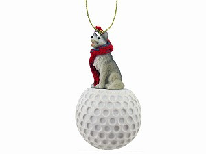 Gray & White Brown Eyes Husky Dog on Golf Ball Christmas Ornament – Hand-Painted Stone Resin