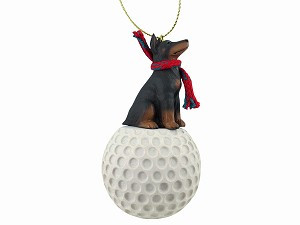 Red Cropped Doberman Pinscher Dog on Golf Ball Christmas Ornament – Hand-Painted Stone Resin