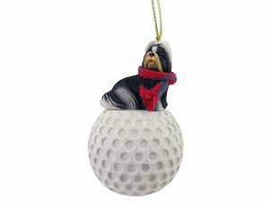 Black & White Shih Tzu Dog on Golf Ball Christmas Ornament – Hand-Painted Stone Resin