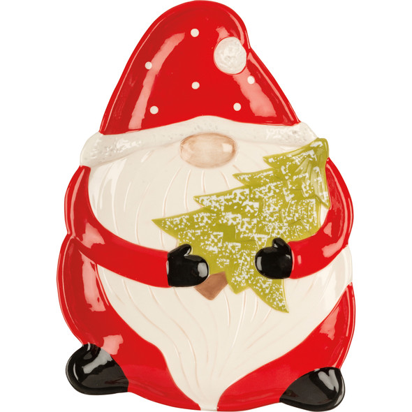 Ceramic Christmas Serving Platter - Santa Gnome Hold Pine Tree - 11.75 In x 8.5 In from Primitives by Kathy